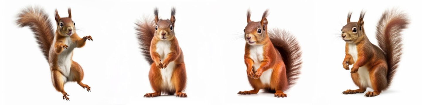 Wildlife forest woods animals banner panorama long - Collection of standing, sitting, jumping, running cute red squirrel animal (sciurus vulgaris), isolated on white background, Generative Ai
