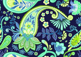 Fantasy flowers in retro, vintage, jacobean embroidery style. Paisley seamless pattern, background. Vector illustration on blue background.