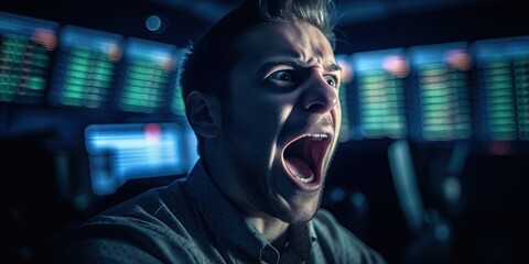Man at work screaming in anger, burnout at work, emotional exhaustion, panic attack. The concept of office work, negative emotions, anger. Stressed businessman, job burnout concept. Generative AI