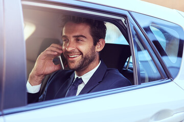 Phone call, journey and business man in car, talking and speaking to contact. Cellphone, taxi and male professional calling, smile and communication, discussion or conversation in travel transport.