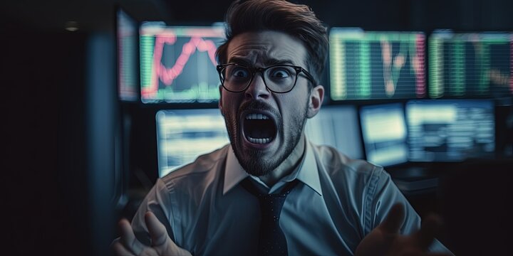 Man at work screaming in anger, burnout at work, emotional exhaustion, panic attack. The concept of office work, negative emotions, anger. Stressed businessman, job burnout concept. Generative AI