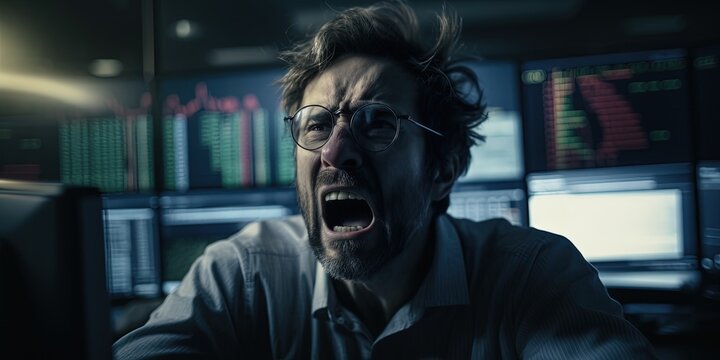 Man at work screaming in anger, burnout at work, emotional exhaustion, panic attack. The concept of office work, negative emotions, anger. Stressed businessman, job burnout concept. Generative AI