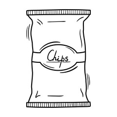 Sketch drawing of chips in paper package. Supermarket snack food vector illustration. Grocery product doodle. Outline icon