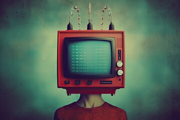 Stunning illustration of a television with a man on his head, in the style of retro-futurism, melancholic colors, dark cyan and red. Generative AI