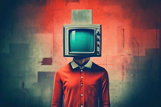 Stunning illustration of a television with a man on his head, in the style of retro-futurism, melancholic colors, dark cyan and red. Generative AI
