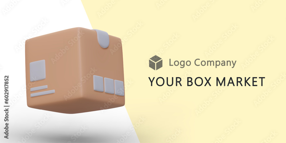 Poster web page with big realistic 3d box on yellow background. your box market slogan. parcel delivery and