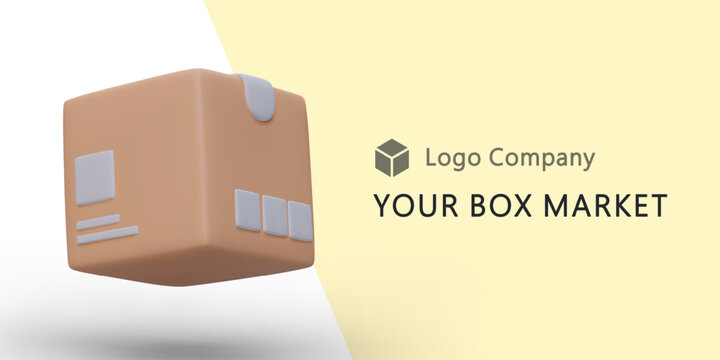 Web page with big realistic 3d box on yellow background. Your box market slogan. Parcel delivery and sale of cardboard packaging concept. Vector illustration in warm colors