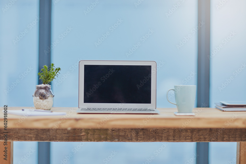 Poster empty workspace, modern office and laptop screen at a desk for mockup, connectivity and email. corpo