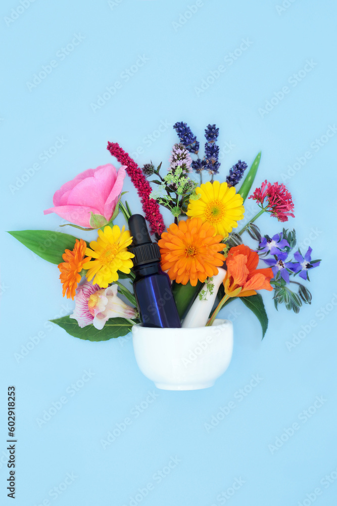 Canvas Prints herbs and flowers with tincture bottle in a mortar. flora used in aromatherapy essential oil prepara