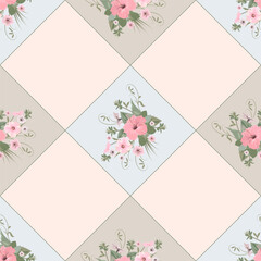 Vector floral pattern, seamless for kitchen tablecloth design, hibiscus flowers on a diagonal checkered background in gentle pastel colors