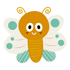 Cartoon butterfly illustration, Cute smiling character for children design, Flat illustration isolated on a white background, Adorable insect picture, Funny woodland, forest or garden butterfly