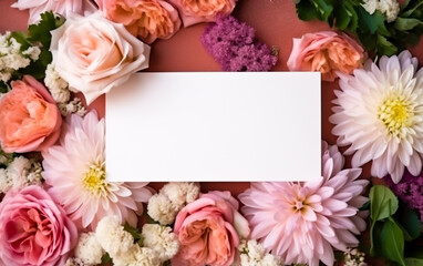 Obraz na płótnie Canvas A blank white card surrounded by vibrant summer flowers, copy space, greeting card. Shallow depth of field, Illustrative Generative AI.