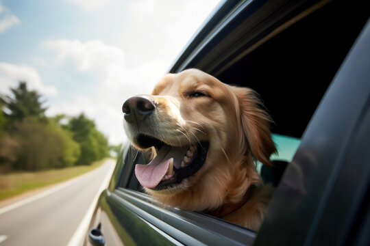 A cute furry companion enjoying a car ride with its head sticking out of the window, feeling the wind and enjoying the ride. AI Generative algorithm.