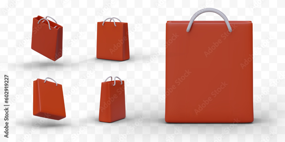 Poster set of bright 3d paper bags with handles. symbol of gift wrapping, expensive purchase. icons for des