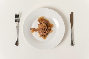 Wet animal food in a white ceramic plate served with knife and fork on a beige neutral studio background. Cat or dog food. Creative funny image for ad of pet products. Top view, flat lay, copy space