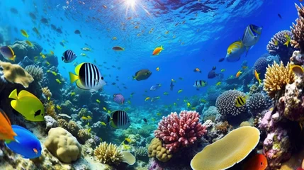 Photo sur Plexiglas Bleu Underwater coral reef landscape with colorful fish. IA Generative