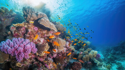 Obraz na płótnie Canvas Underwater coral reef landscape with colorful fish. IA Generative