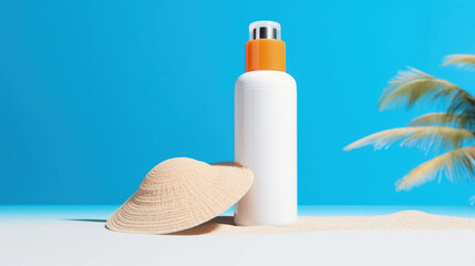 Sunscreen lotion on sandy beach. AI Generative