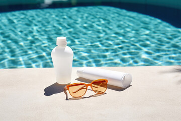 Bottle of tan cream, sunglasses near swimming pool. AI Generative