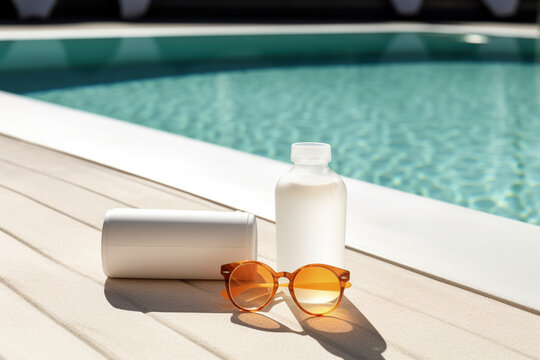 Bottle of tan cream, sunglasses near swimming pool. AI Generative
