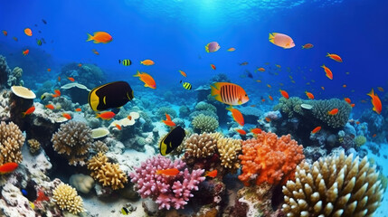 Naklejka na ściany i meble Underwater coral reef landscape with colorful fish. IA Generative