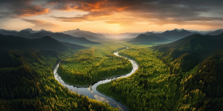 AI Generated. AI Generative.  Aerial drone top high shot photo illustration of green forest and river. Sunset adventure vibe. Graphic Art