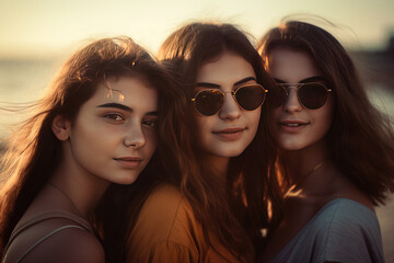 Fototapeta premium Group of cheerful girls friends in summer clothes. AI Generative