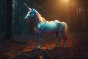 Obraz na płótnie Canvas A unicorn with colorful hair posing in sunshine, forest, rare animals
