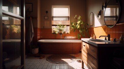 Fototapeta premium home interior design concept bathroom in golden hour sunset interior,image ai generate