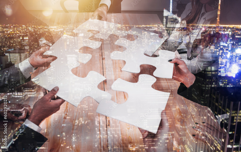 Poster teamwork of partners connect puzzle pieces as integration and startup
