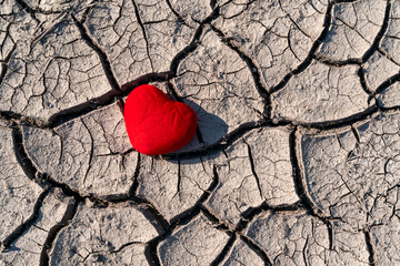 Red heart on soil drought cracked texture