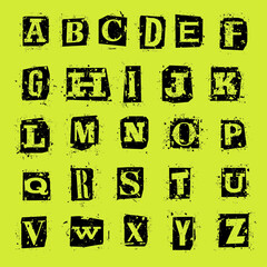 Grunge letters dirty alphabet. Rough Bold Font symbols. Detailed, individually textured characters with rough ink texture. Good for flyers and posters or ransom note style designs. Digital artwork