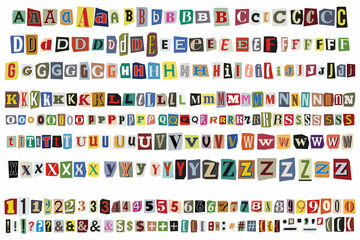 Cut out ransom vector letters alphabet. Blackmail or Ransom Kidnapper Anonymous Note Font. Latin Letters, Numbers and punctuation symbols. Criminal ransom letters. Compose your own - obrazy, fototapety, plakaty
