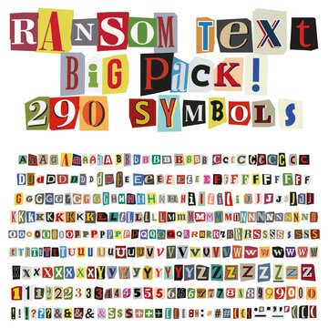 Criminal ransom letters, numbers and punctuation marks, A full character set cut-outs from newspaper or magazine. Compose your own anonymous letters, blackmail, death threats. Big collection. Vector