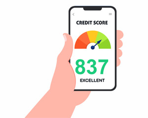 Men hands holding smartphones with credit score app on the screen Credit score concept.