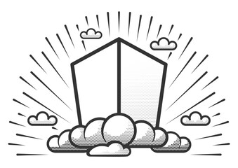 Vector icon, celestial obelisk in rays, three-quarter turn cube, in clouds with halftone from dots. Finished logo, symbol for your projects.