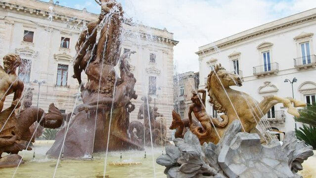 Ancient baroque fountain in Siracusa, Sicily