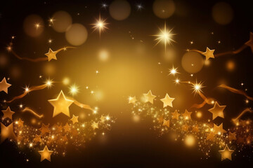 golden stars and sparkles on orange and black background. abstract festive texture. shines and glows. ai generative