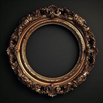 Round frame antique old wooden golden picture front view  generative ai
