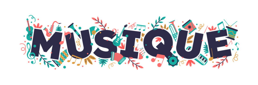 Musique - Banni&egrave;re - Titre et illustrations vectoriels color&eacute;s sur le th&egrave;me de la musique - Pictogrammes d'instruments et typographie dynamiques et modernes