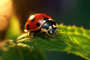 Obraz premium Ladybug beetle close up on top of a leaf generative ai