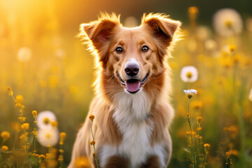 Light brown dog in sunset field portrait generative ai