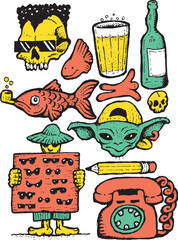 illustration skull sunglasses fish pencil telephone beer
