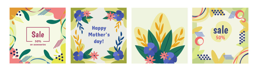 Mothers day sales banners set. Collection of graphical elements. Spring international holiday and festival. Discounts and promotions. Cartoon flat vector illustrations isolated on white background