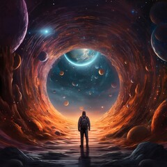 "Stardust Serenity: Exploring the Celestial Gateway", 
Infinite tranquility amidst cosmic wonders&mdash;a human stands in awe before the vastness of the galaxy, embraced by a serene tunnel of swirling cloud