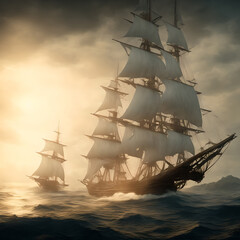 Fototapeta premium Hyper realistic painting of retro vintage boat sailing and cloudy sky background created with generative AI technology