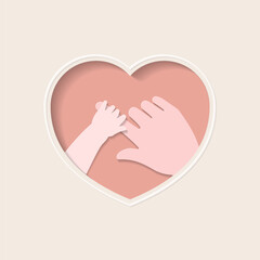 Small hand of baby holding big index finger of mother's hand in pink heart shaped frame paper cutting art vector