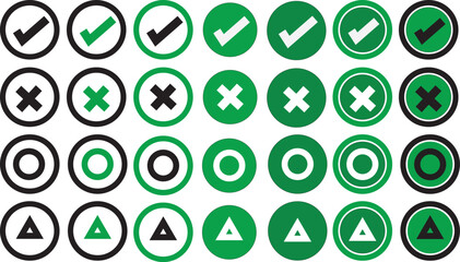 green sign symbol checkmark wrongmark circle triangle botton icon set	
