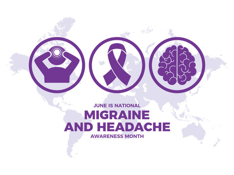 June is National Migraine and Headache Awareness Month vector illustration. Purple awareness ribbon, headache, brain icon set vector isolated on a white background. Important day