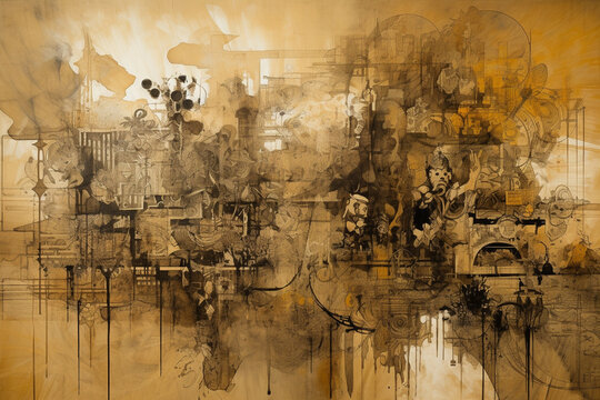 Whispers of Time Captivating Sepia Montage Painted on Canvas with Eclectic Charm AI generated © artefacti